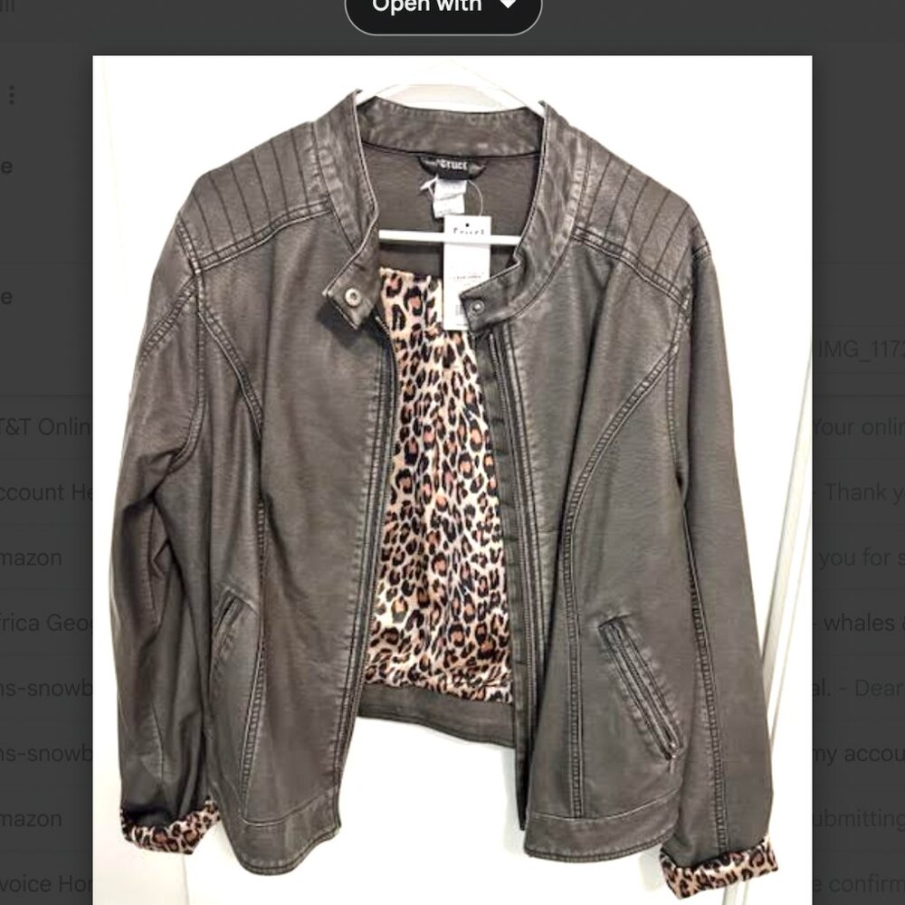 Cruel Gray Faux Leather Women's XL Bomber Jacket Coat w Leopard Print Lining NWT